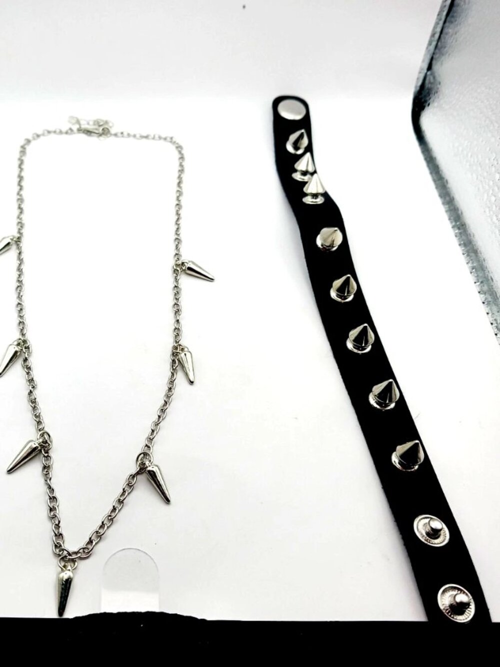 Spiked Necklace-18 Inches + Spiked Vegan Leather-Black Bracelet